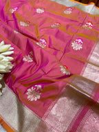 Pink Shot Banarasi Katan Silk Saree Meenakari Flower Design Handloom