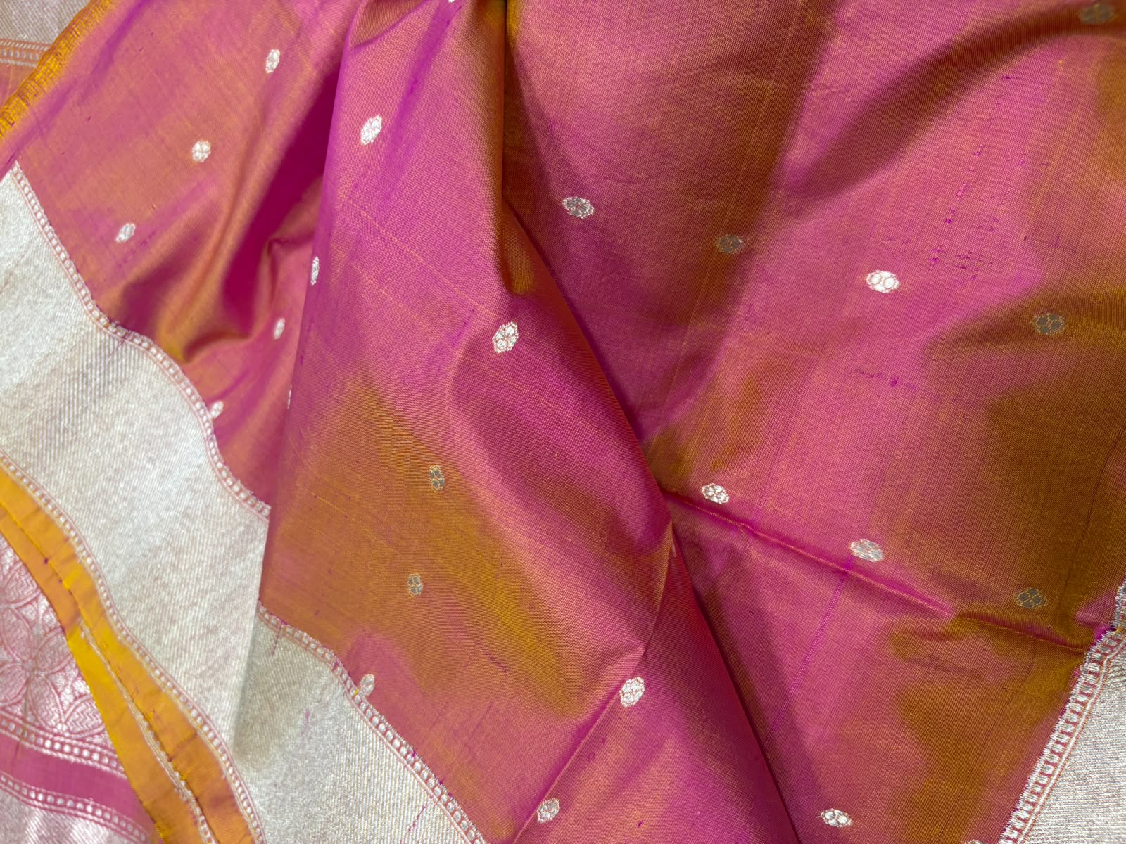 Pink Shot Banarasi Katan Silk Saree Meenakari Flower Design Handloom
