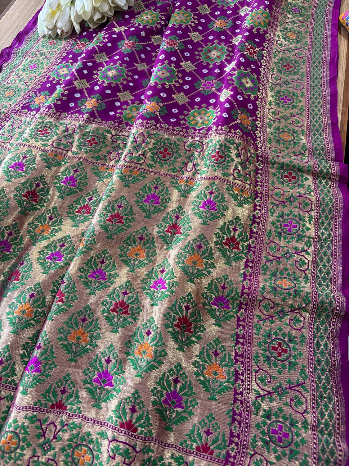 Purple Handloom Banarasi Pure Georgette Patola And Flower Design Meenakari Saree - Luxurion World