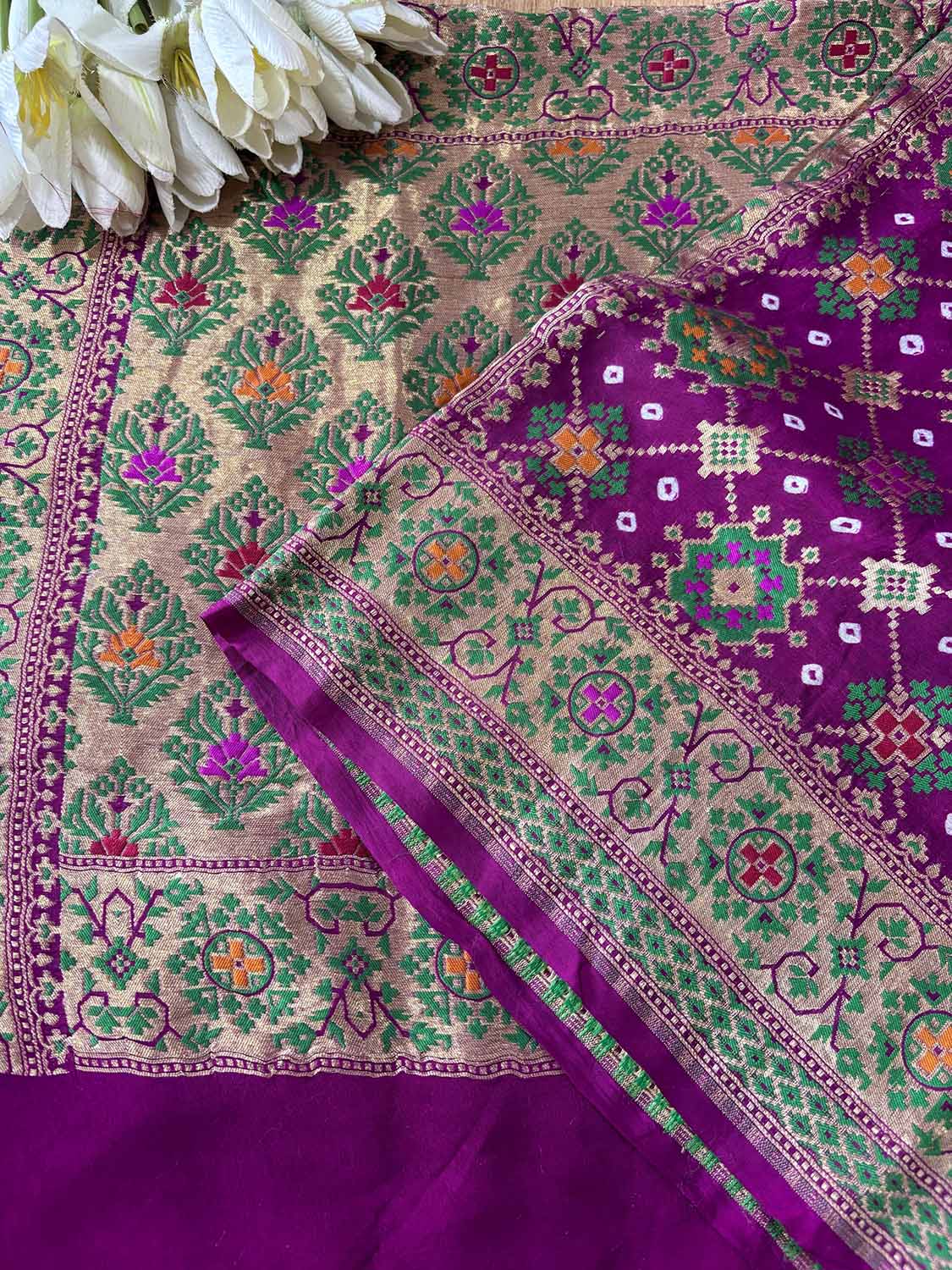 Purple Handloom Banarasi Pure Georgette Patola And Flower Design Meenakari Saree - Luxurion World