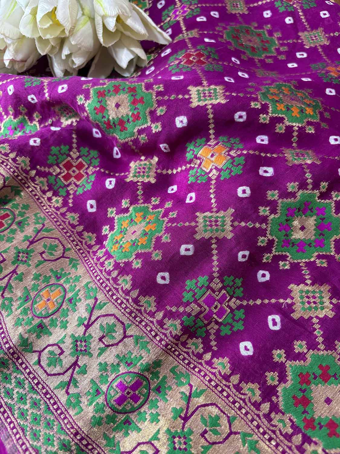 Purple Handloom Banarasi Pure Georgette Patola And Flower Design Meenakari Saree - Luxurion World