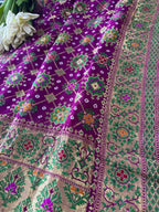 Purple Handloom Banarasi Pure Georgette Patola And Flower Design Meenakari Saree - Luxurion World