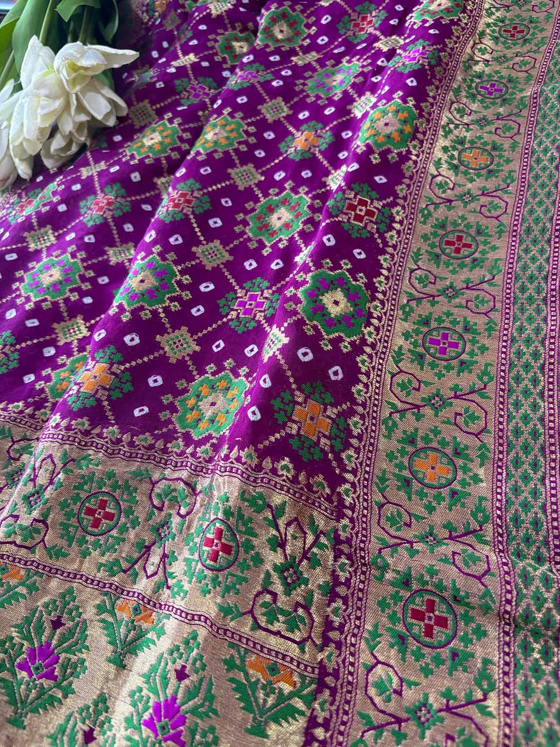 Purple Handloom Banarasi Pure Georgette Patola And Flower Design Meenakari Saree - Luxurion World