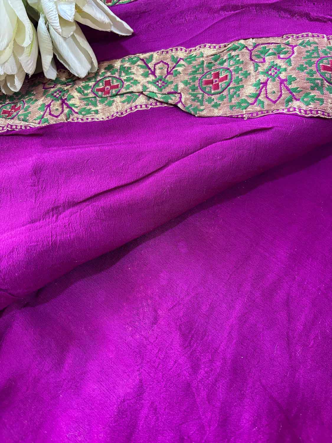 Purple Handloom Banarasi Pure Georgette Patola And Flower Design Meenakari Saree - Luxurion World