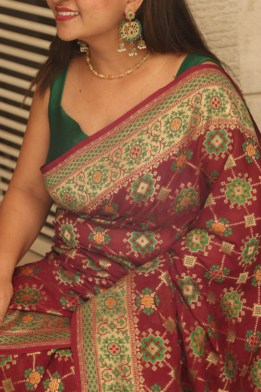 Purple Handloom Banarasi Pure Georgette Patola And Flower Design Meenakari Saree - Luxurion World