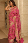 Pink Handloom Banarasi Pure Georgette Patola And Flower Design Meenakari Saree - Luxurion World