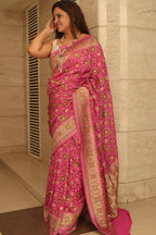 Pink Handloom Banarasi Pure Georgette Patola And Flower Design Meenakari Saree - Luxurion World