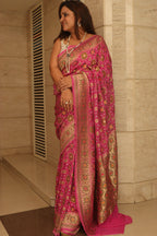 Pink Handloom Banarasi Pure Georgette Patola And Flower Design Meenakari Saree - Luxurion World