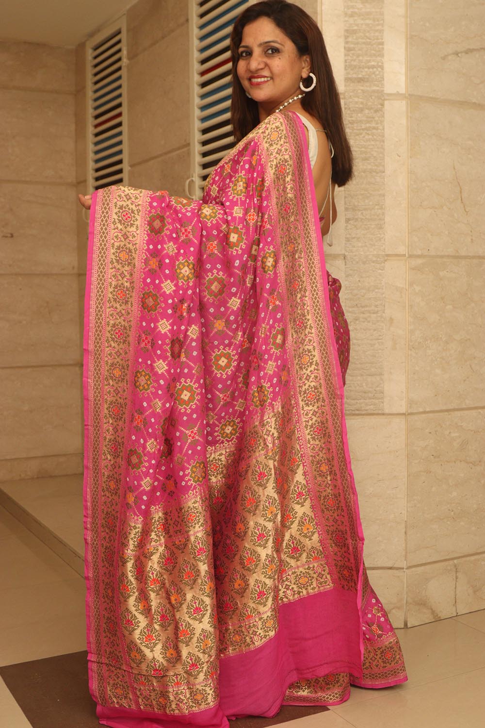 Pink Handloom Banarasi Pure Georgette Patola And Flower Design Meenakari Saree - Luxurion World