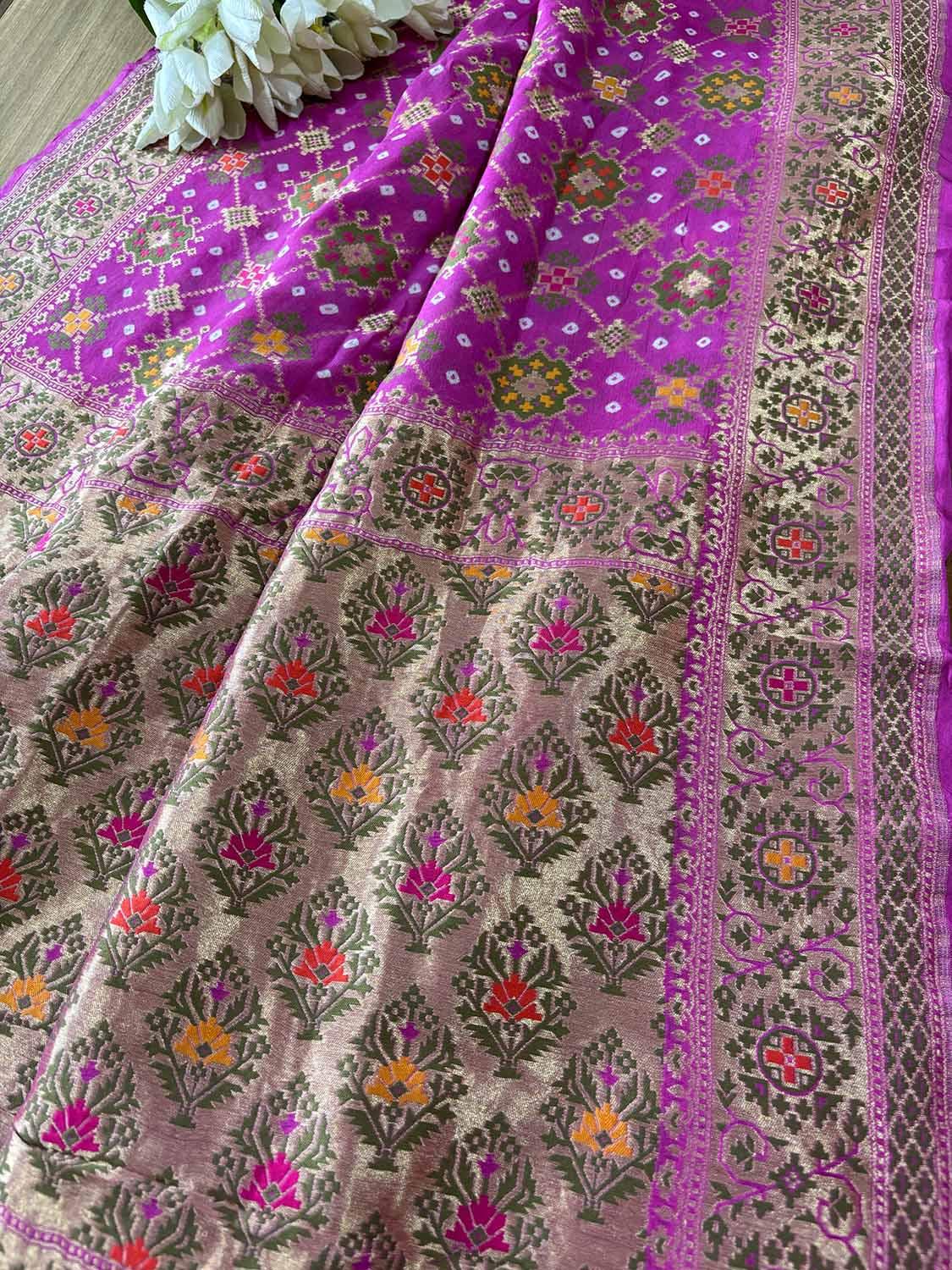 Pink Handloom Banarasi Pure Georgette Patola And Flower Design Meenakari Saree - Luxurion World