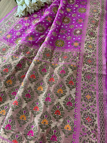 Pink Handloom Banarasi Pure Georgette Patola And Flower Design Meenakari Saree - Luxurion World