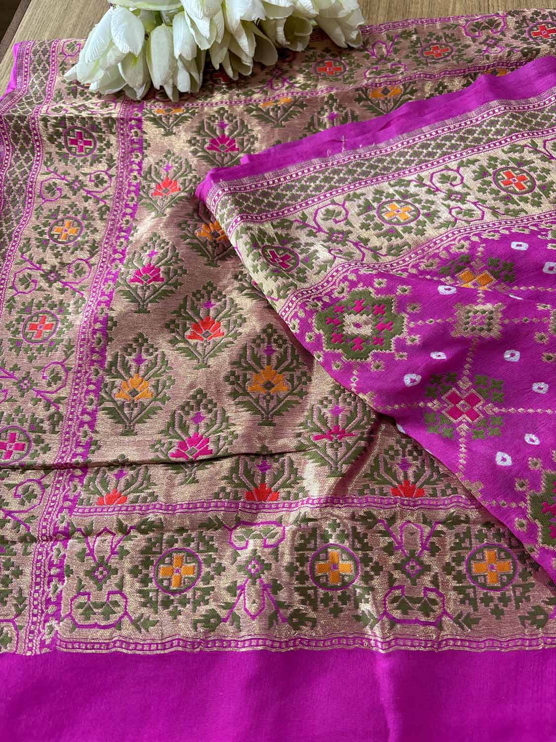 Pink Handloom Banarasi Pure Georgette Patola And Flower Design Meenakari Saree - Luxurion World