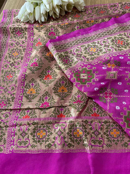 Pink Handloom Banarasi Pure Georgette Patola And Flower Design Meenakari Saree - Luxurion World