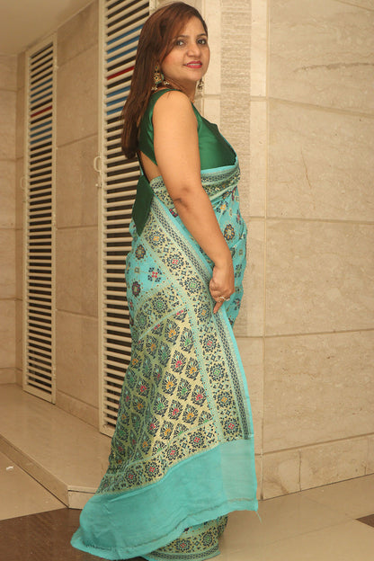 Blue Handloom Banarasi Pure Georgette Patola And Flower Design Meenakari Saree - Luxurion World