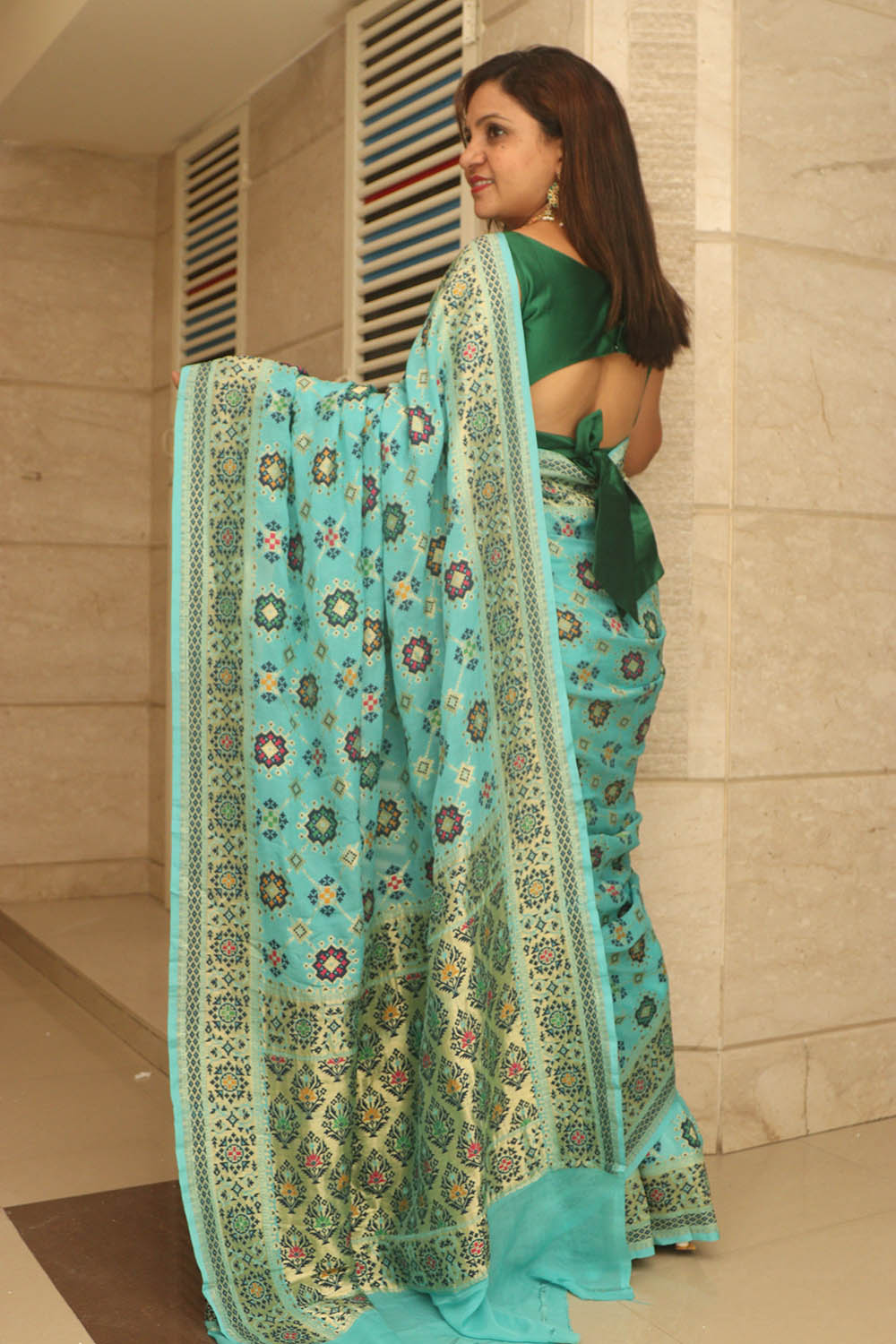 Blue Handloom Banarasi Pure Georgette Patola And Flower Design Meenakari Saree - Luxurion World