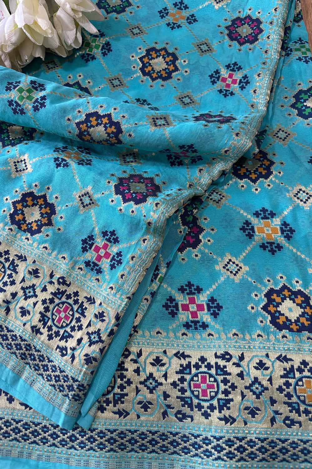 Blue Handloom Banarasi Pure Georgette Patola And Flower Design Meenakari Saree - Luxurion World