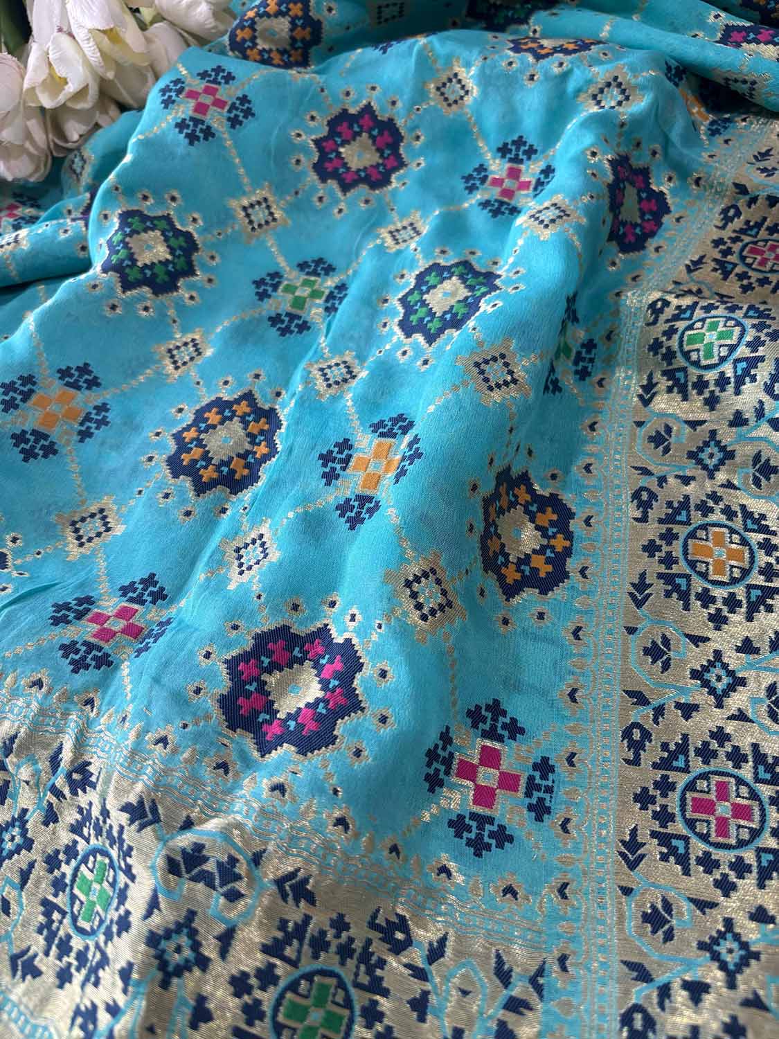 Blue Handloom Banarasi Pure Georgette Patola And Flower Design Meenakari Saree - Luxurion World