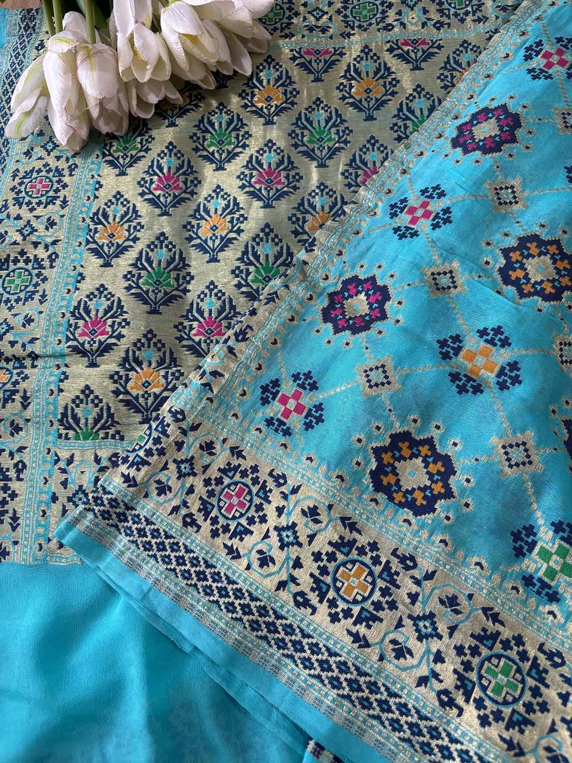 Blue Handloom Banarasi Pure Georgette Patola And Flower Design Meenakari Saree - Luxurion World