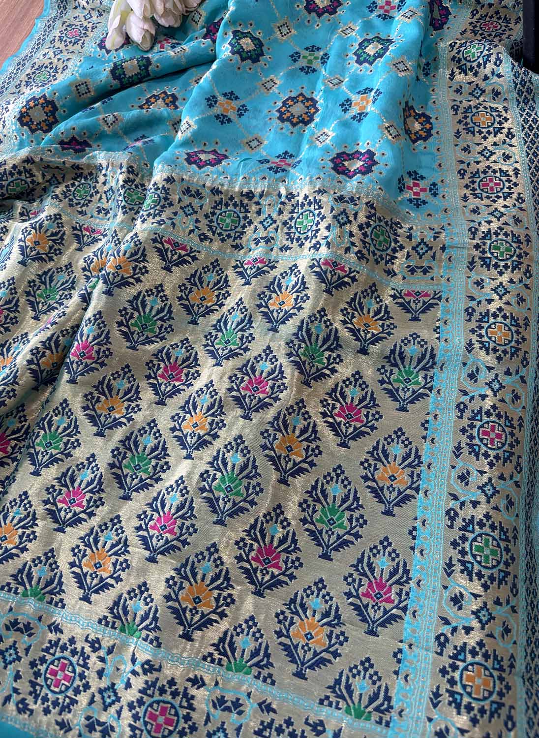 Blue Handloom Banarasi Pure Georgette Patola And Flower Design Meenakari Saree - Luxurion World