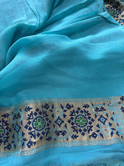Blue Handloom Banarasi Pure Georgette Patola And Flower Design Meenakari Saree - Luxurion World