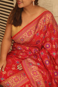 Red Handloom Banarasi Pure Georgette Patola And Flower Design Meenakari Saree - Luxurion World