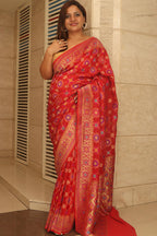 Red Handloom Banarasi Pure Georgette Patola And Flower Design Meenakari Saree - Luxurion World