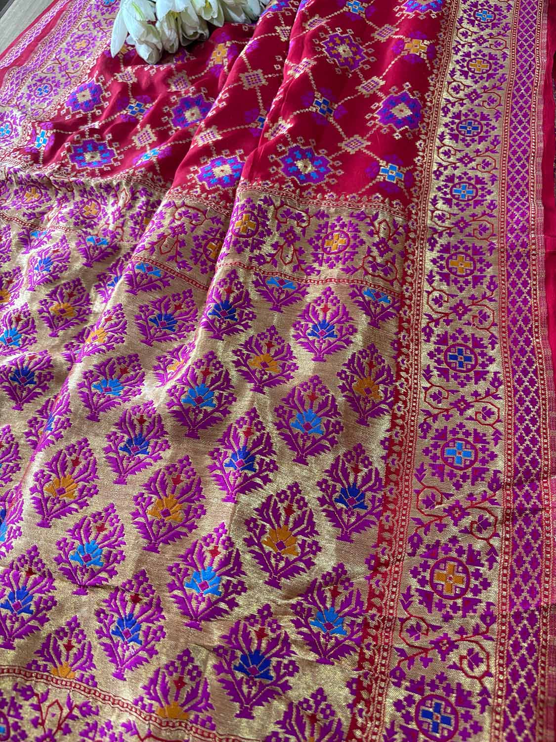 Red Handloom Banarasi Pure Georgette Patola And Flower Design Meenakari Saree - Luxurion World