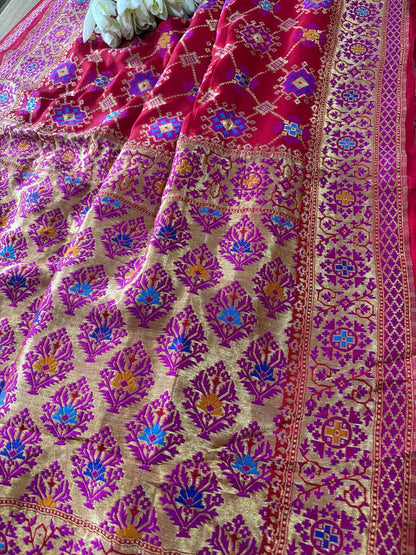 Red Handloom Banarasi Pure Georgette Patola And Flower Design Meenakari Saree - Luxurion World
