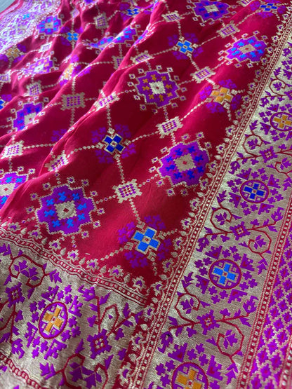 Red Handloom Banarasi Pure Georgette Patola And Flower Design Meenakari Saree - Luxurion World