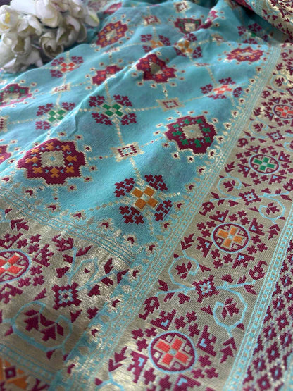Blue Handloom Banarasi Pure Georgette Patola Design Meenakari Saree - Luxurion World