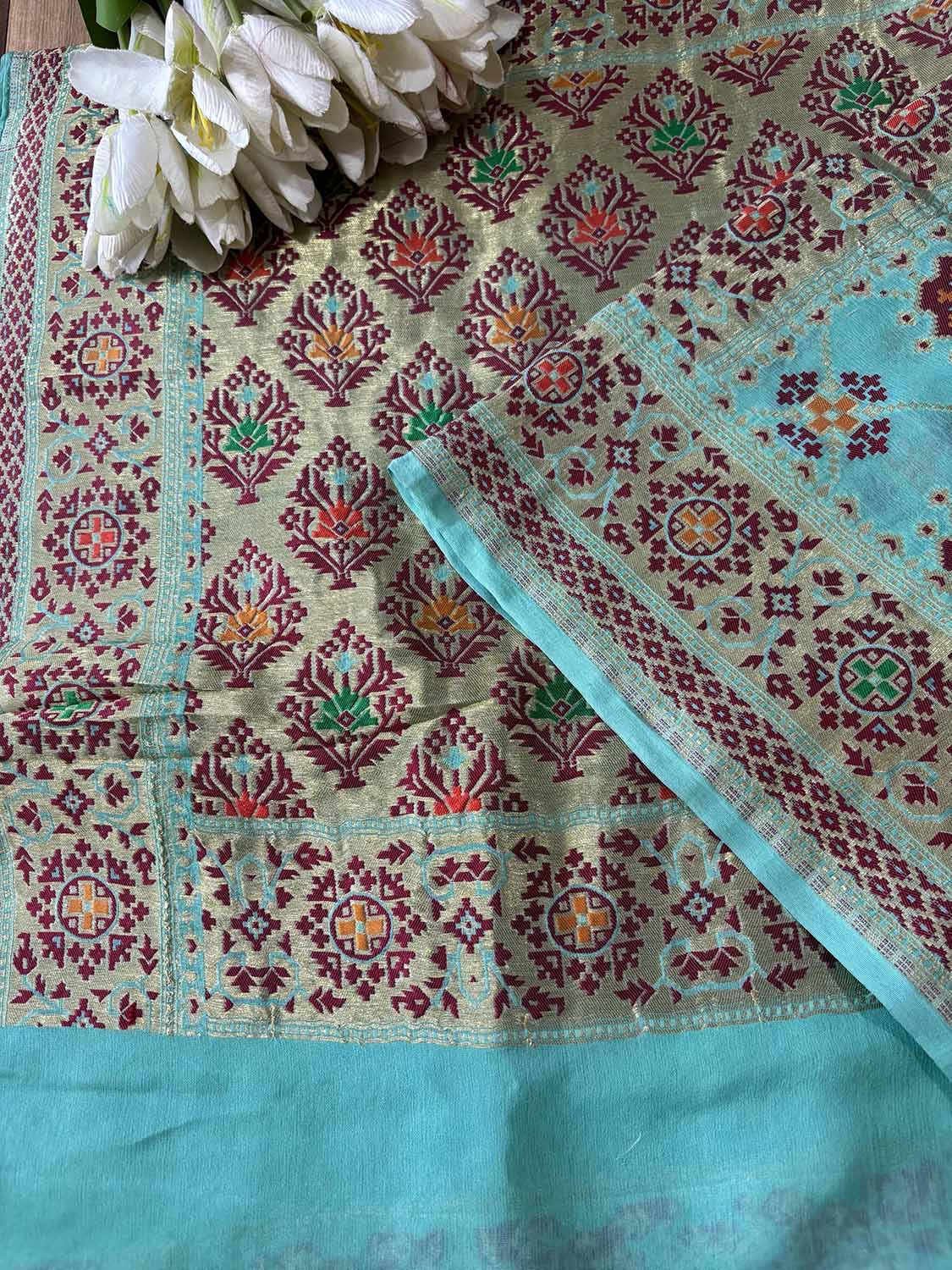 Blue Handloom Banarasi Pure Georgette Patola Design Meenakari Saree - Luxurion World