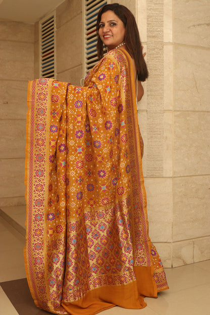 Yellow Handloom Banarasi Pure Georgette Patola And Flower Design Meenakari Saree - Luxurion World