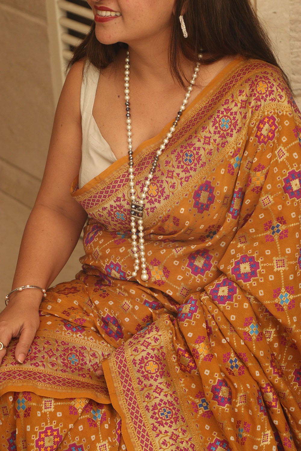 Yellow Handloom Banarasi Pure Georgette Patola And Flower Design Meenakari Saree - Luxurion World