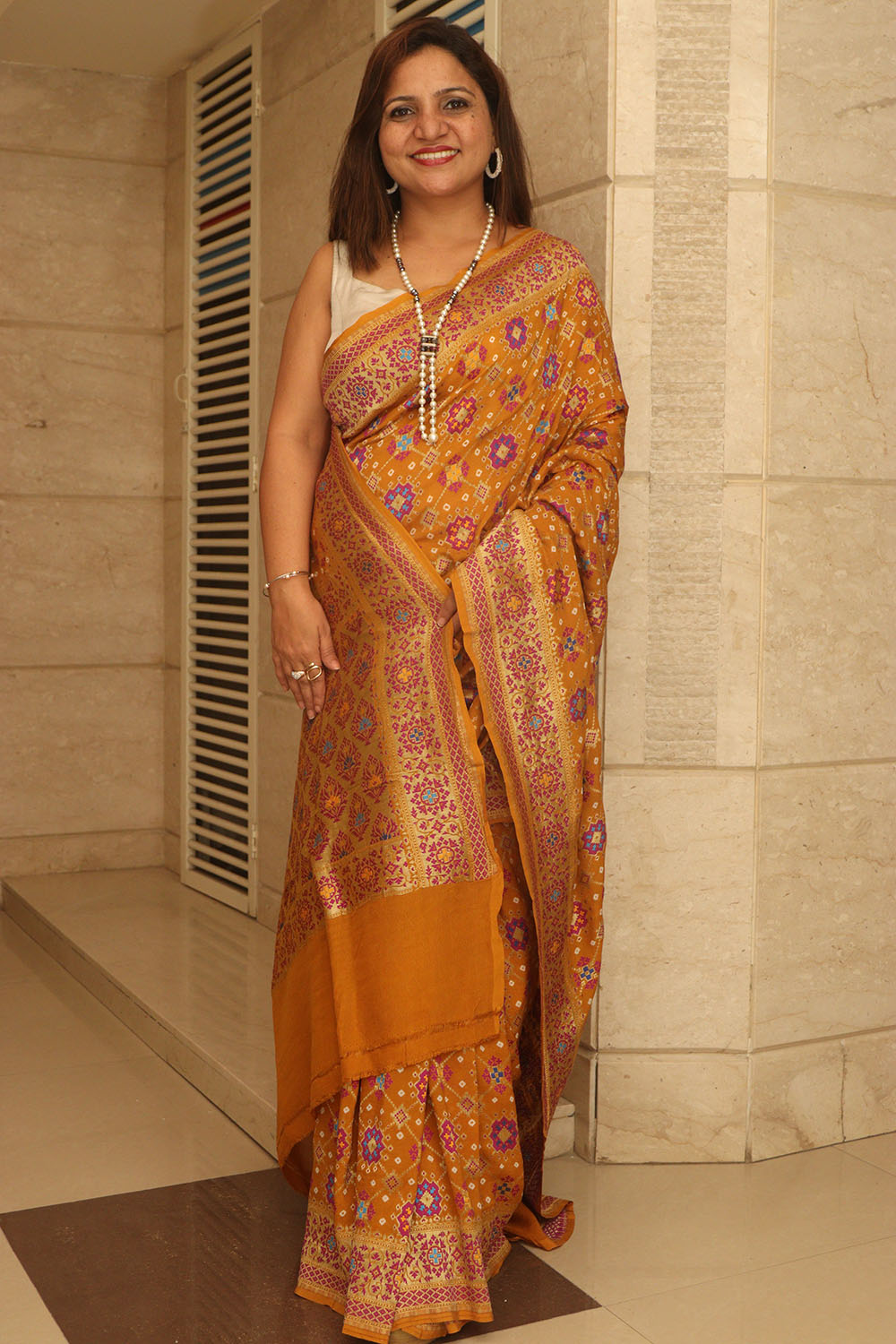 Yellow Handloom Banarasi Pure Georgette Patola And Flower Design Meenakari Saree - Luxurion World