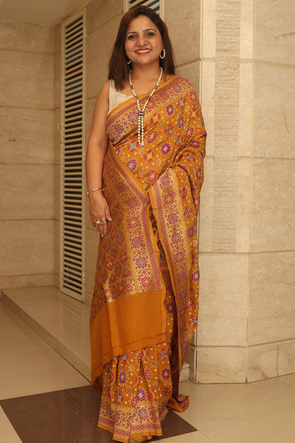 Yellow Handloom Banarasi Pure Georgette Patola And Flower Design Meenakari Saree - Luxurion World