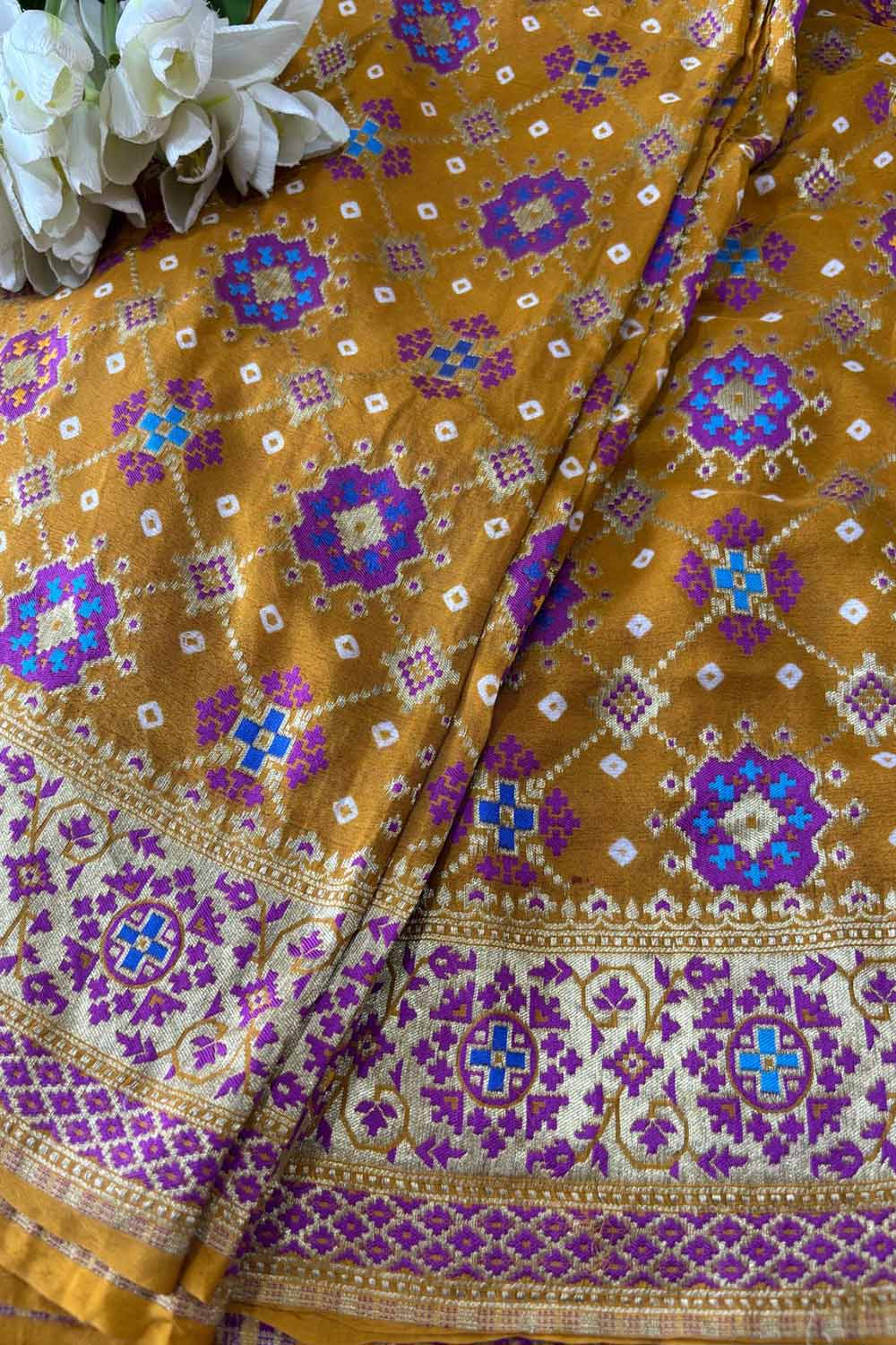 Yellow Handloom Banarasi Pure Georgette Patola And Flower Design Meenakari Saree - Luxurion World
