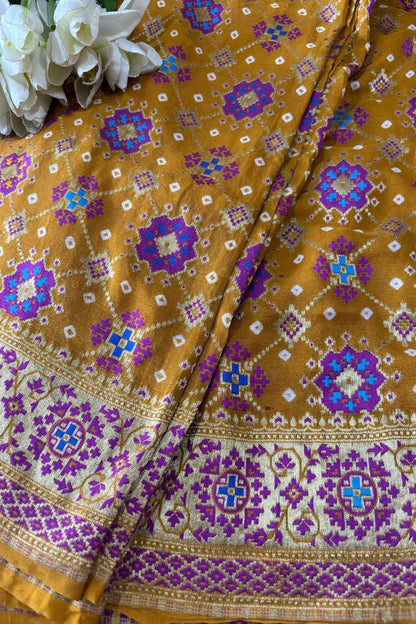 Yellow Handloom Banarasi Pure Georgette Patola And Flower Design Meenakari Saree - Luxurion World