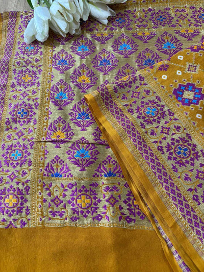 Yellow Handloom Banarasi Pure Georgette Patola And Flower Design Meenakari Saree - Luxurion World