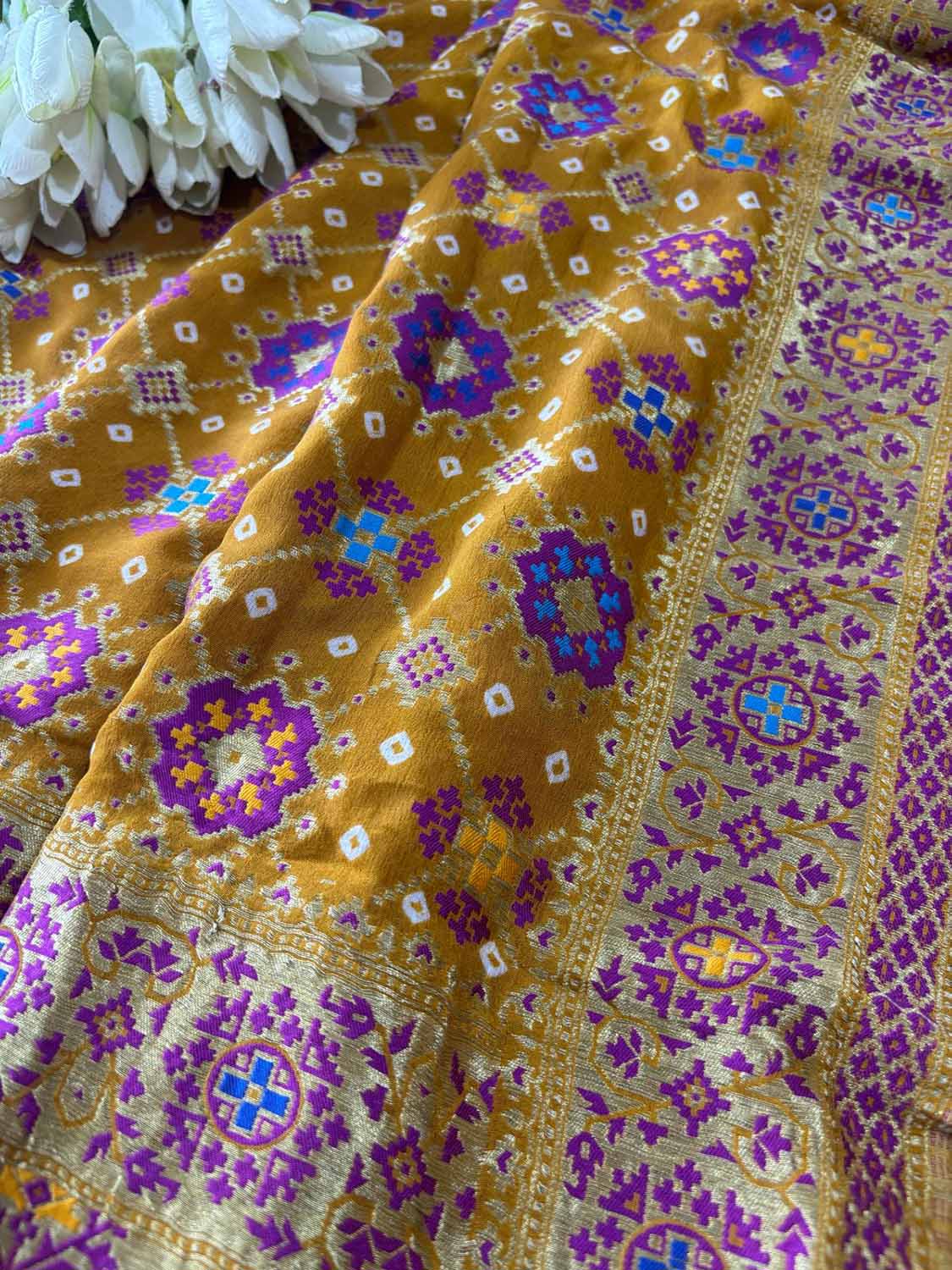 Yellow Handloom Banarasi Pure Georgette Patola And Flower Design Meenakari Saree - Luxurion World
