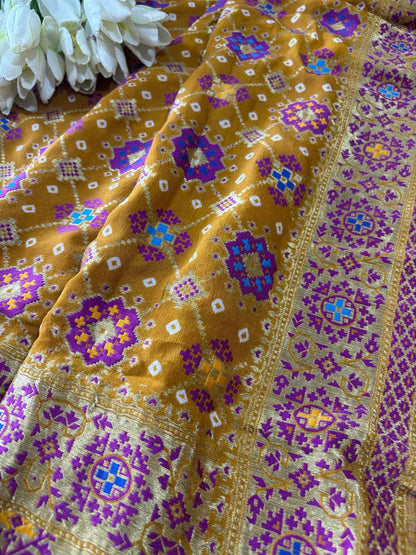 Yellow Handloom Banarasi Pure Georgette Patola And Flower Design Meenakari Saree - Luxurion World