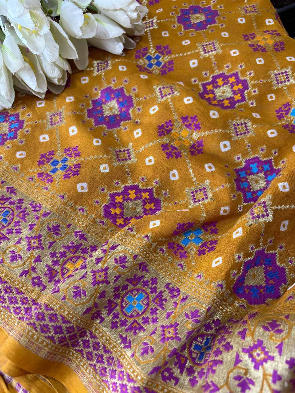 Yellow Handloom Banarasi Pure Georgette Patola And Flower Design Meenakari Saree - Luxurion World