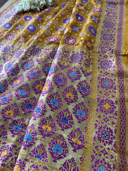 Yellow Handloom Banarasi Pure Georgette Patola And Flower Design Meenakari Saree - Luxurion World