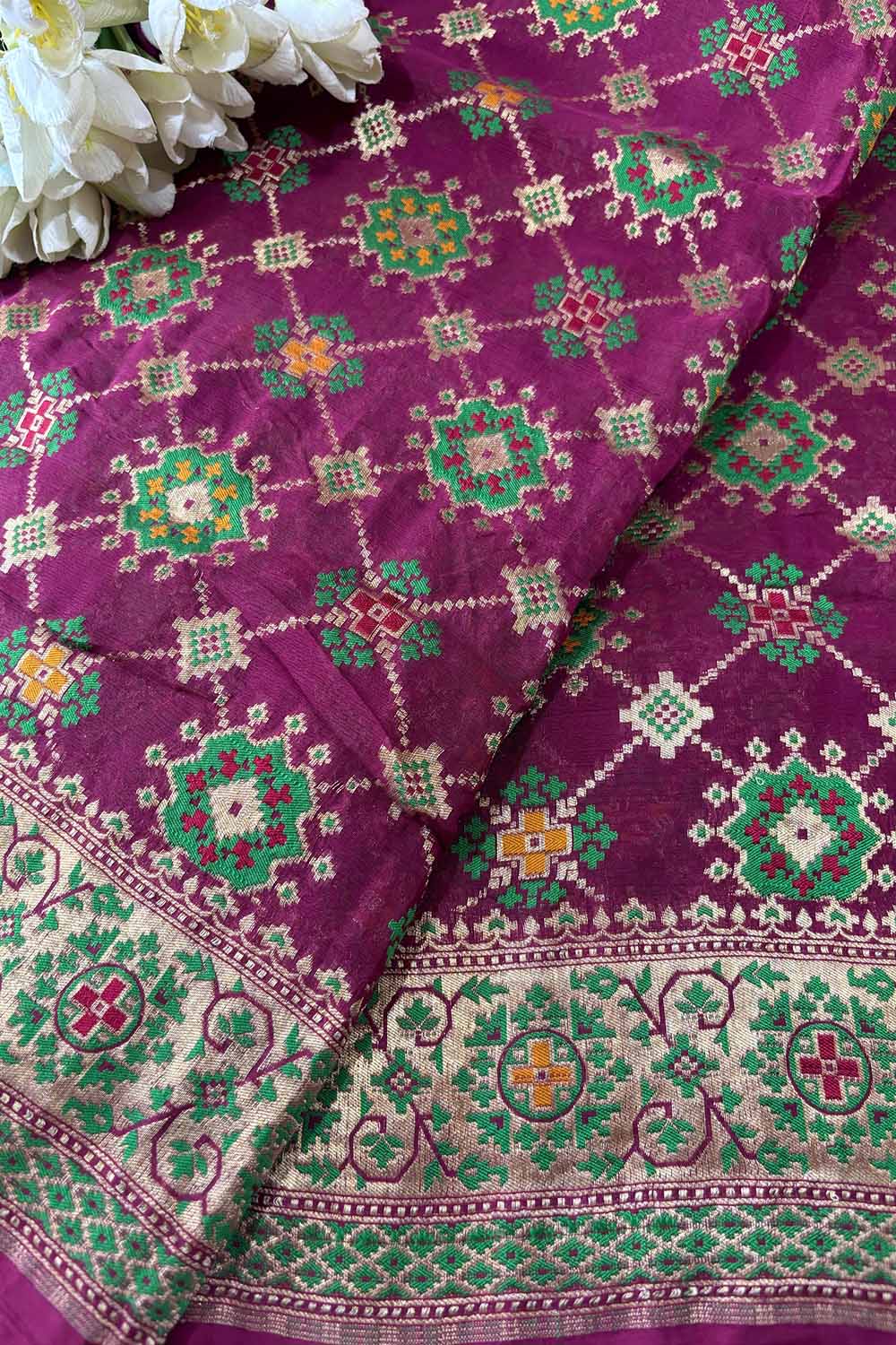 Purple Handloom Banarasi Pure Georgette Patola Design Meenakari Saree - Luxurion World