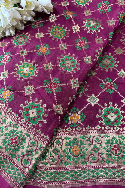 Purple Handloom Banarasi Pure Georgette Patola Design Meenakari Saree - Luxurion World