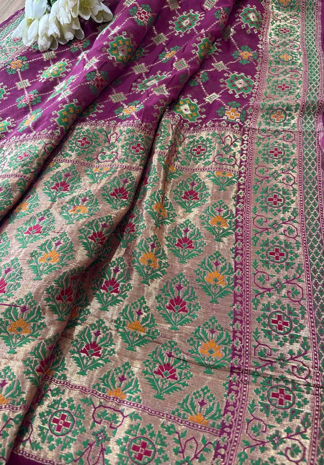 Purple Handloom Banarasi Pure Georgette Patola Design Meenakari Saree - Luxurion World