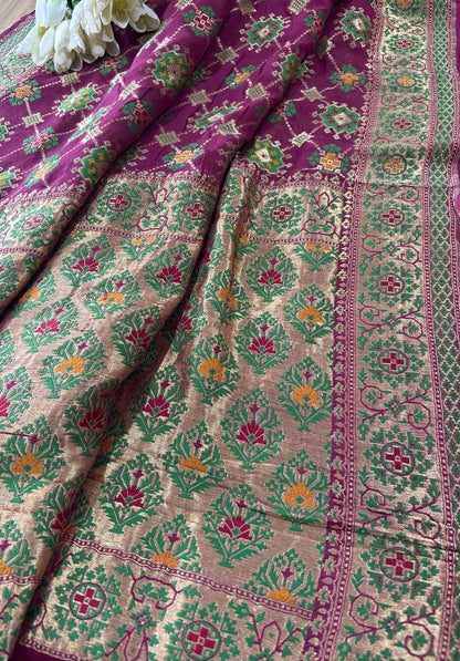 Purple Handloom Banarasi Pure Georgette Patola Design Meenakari Saree - Luxurion World