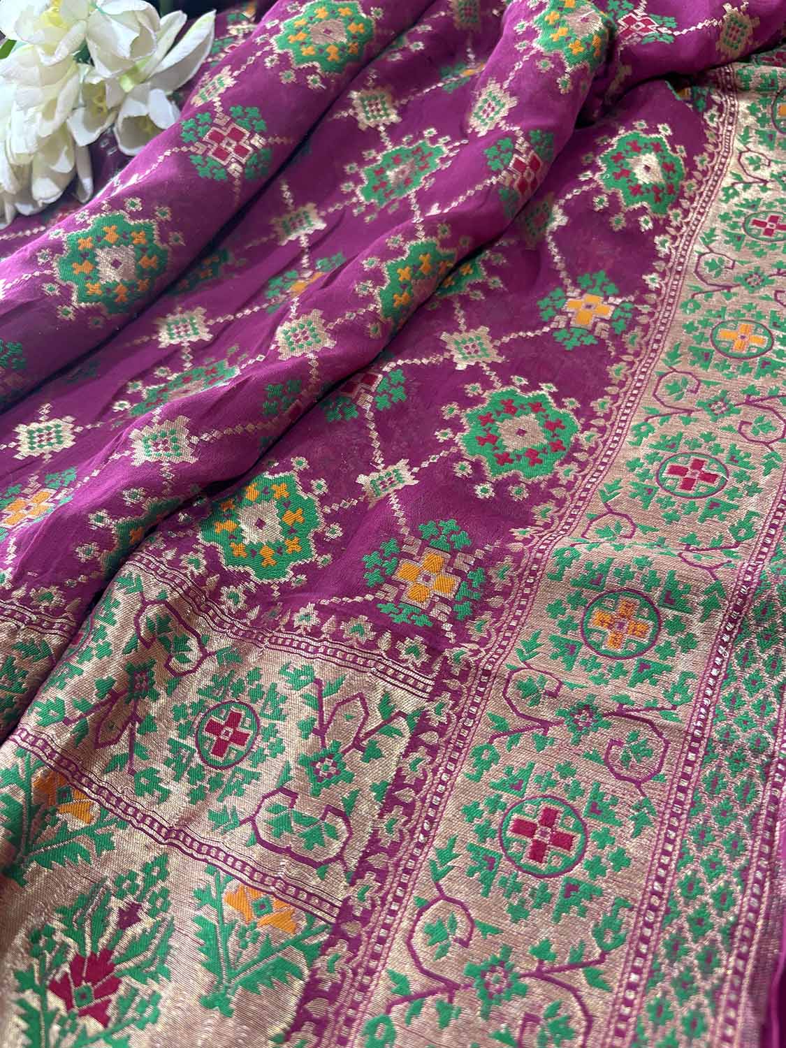 Purple Handloom Banarasi Pure Georgette Patola Design Meenakari Saree - Luxurion World