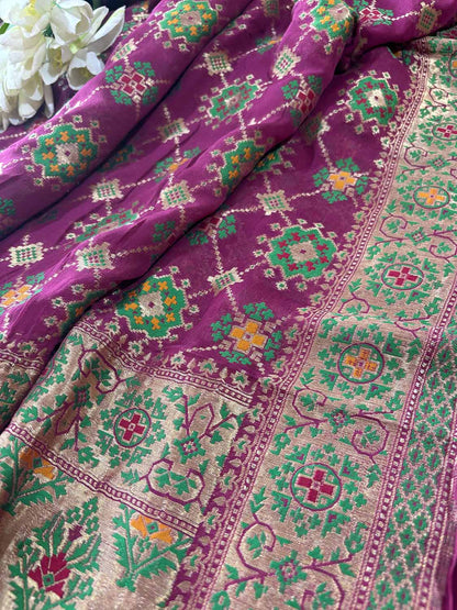 Purple Handloom Banarasi Pure Georgette Patola Design Meenakari Saree - Luxurion World