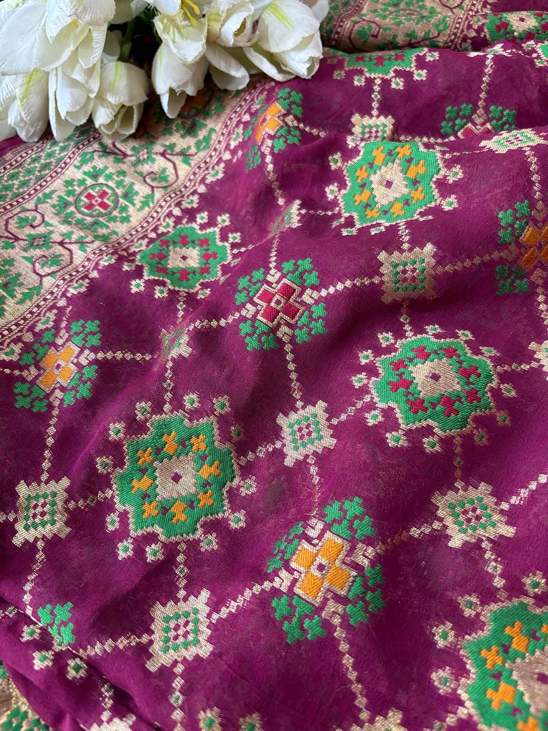 Purple Handloom Banarasi Pure Georgette Patola Design Meenakari Saree - Luxurion World