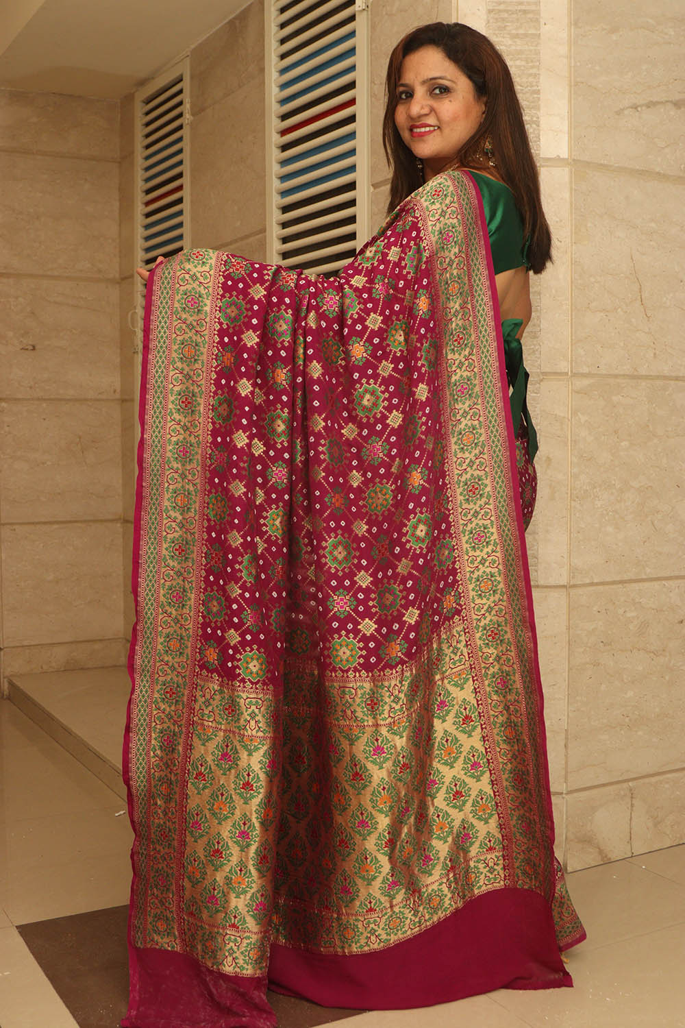 Purple Handloom Banarasi Pure Georgette Patola Design Meenakari Saree - Luxurion World